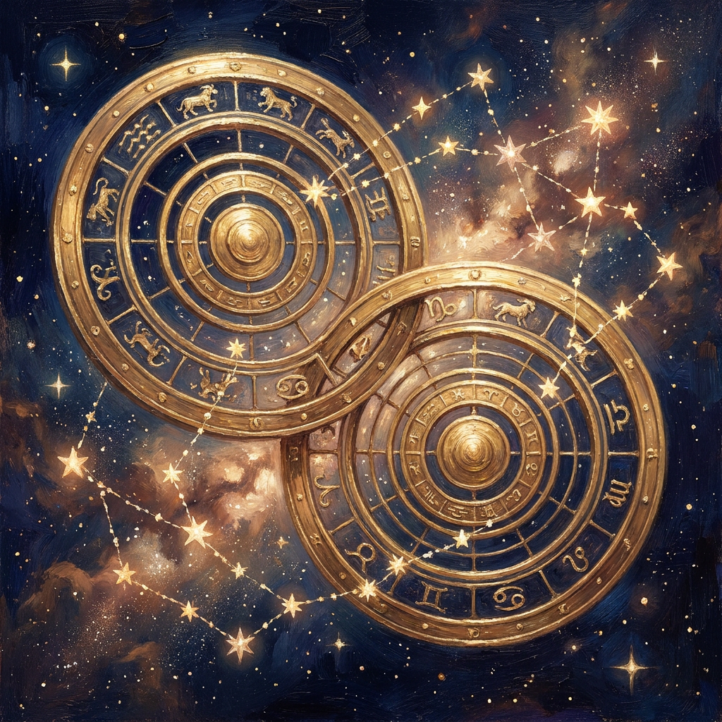 Illustration céleste : deux thèmes astraux dorés entrelacés, reliés par des fils d'étoiles — symbole de la compatibilité amoureuse